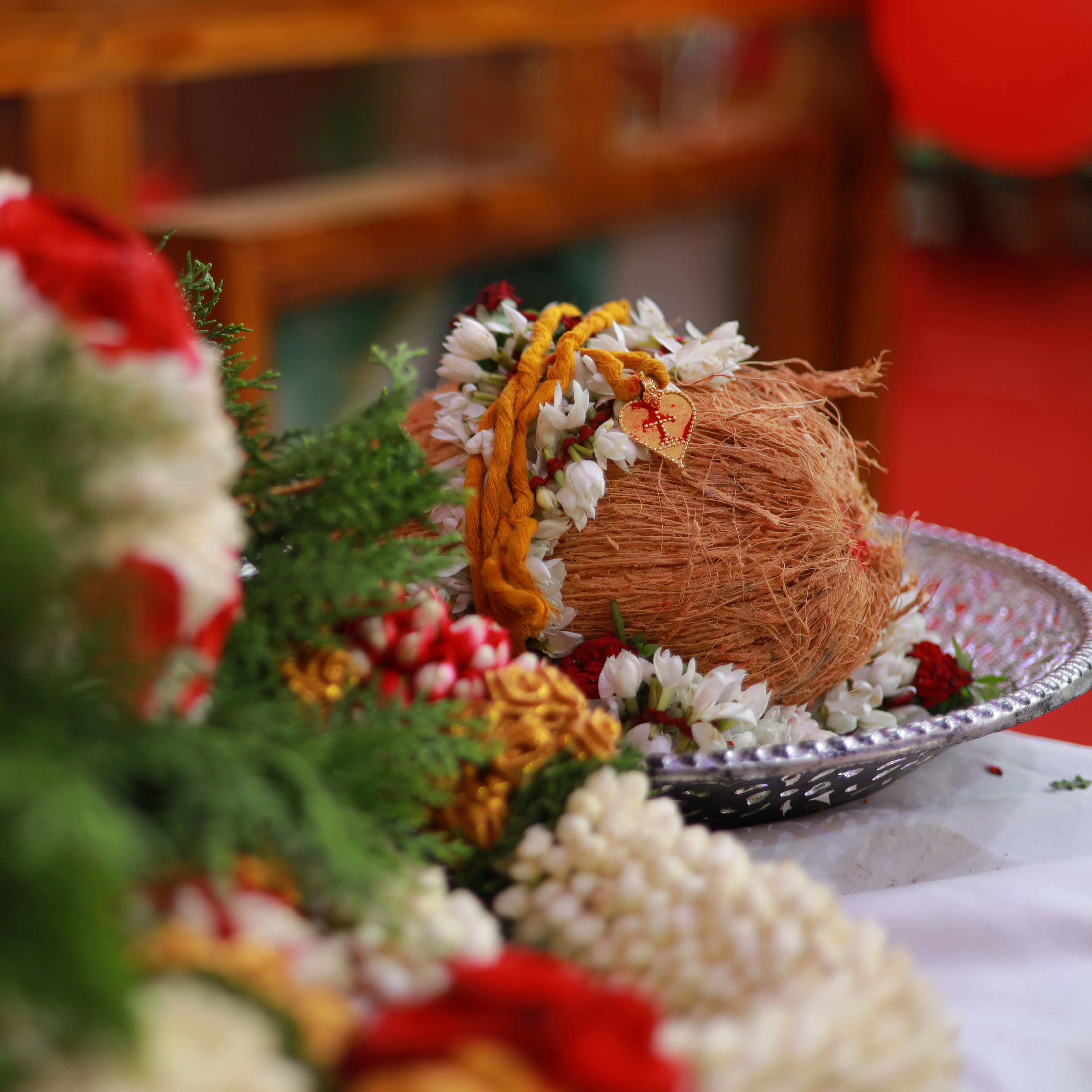 Marriage mangalyam with traditional wedding symbol and sacred items